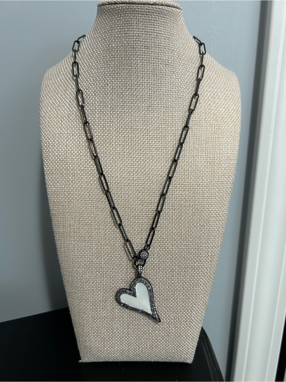 Gunmetal Heart Pendant Necklace 20” | Pave CZ Heart|Magnetic Clasp